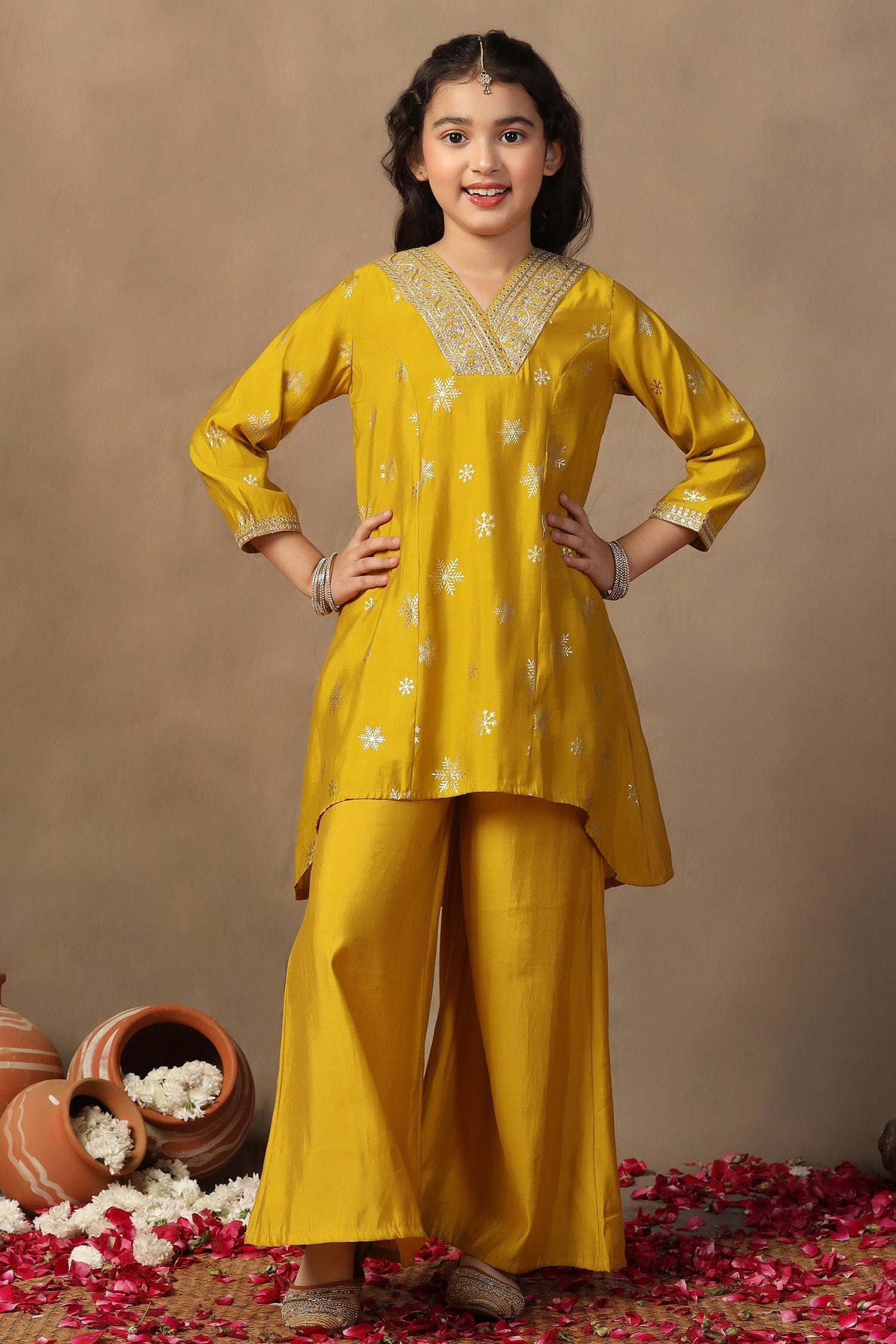Girl's Yellow Roman Silk Foil Printed High Low Style Kurta and Palazzo Set