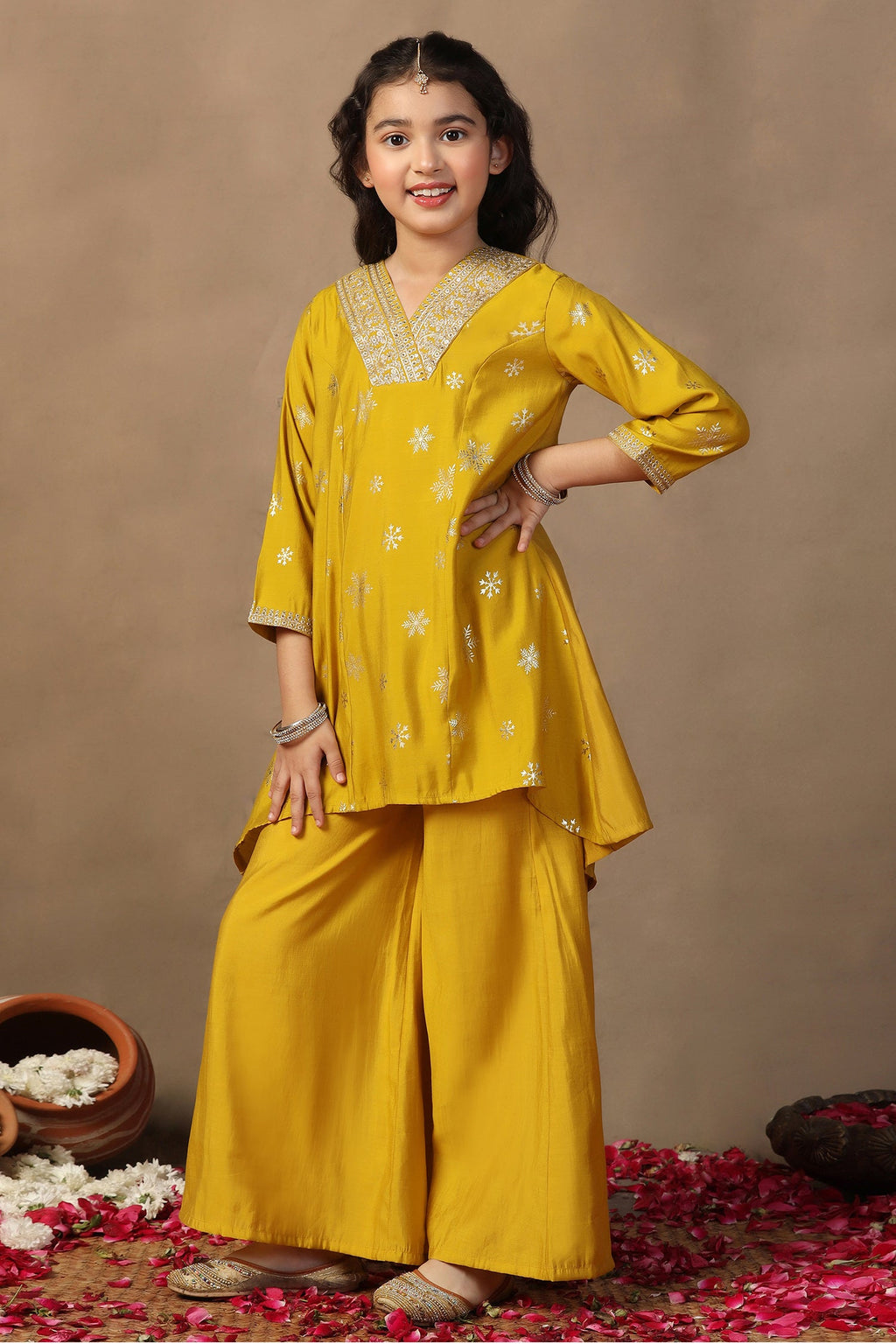 Girl's Yellow Roman Silk Foil Printed High Low Style Kurta and Palazzo Set