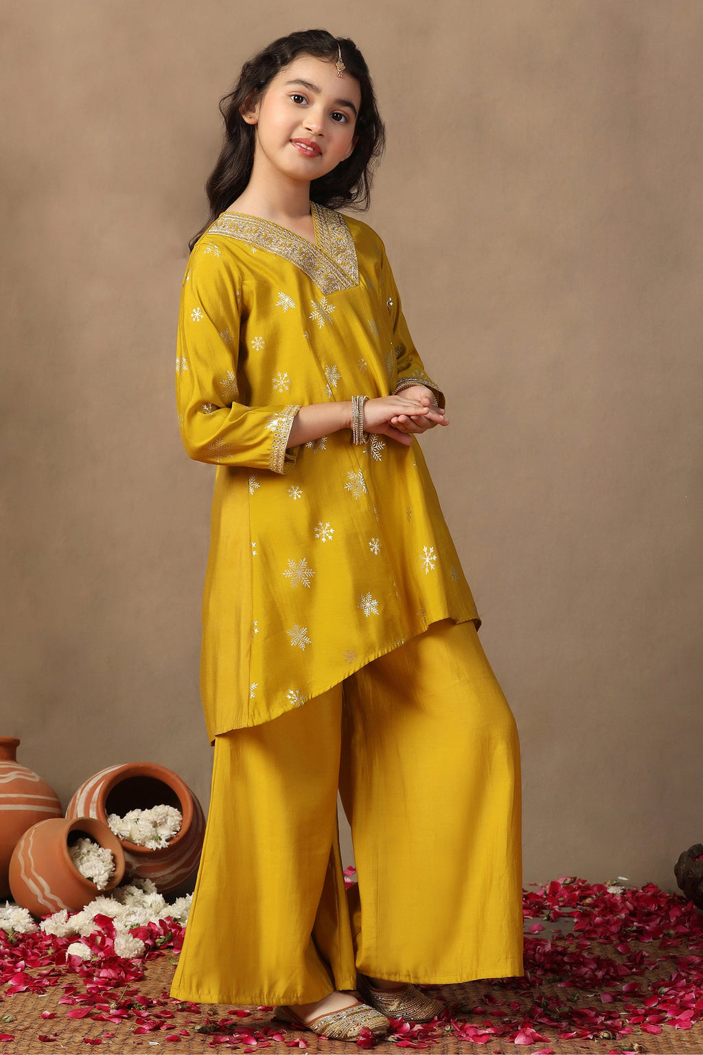 Girl's Yellow Roman Silk Foil Printed High Low Style Kurta and Palazzo Set