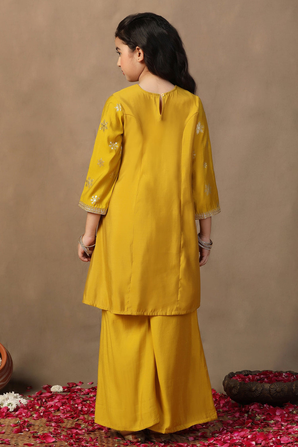 Girl's Yellow Roman Silk Foil Printed High Low Style Kurta and Palazzo Set