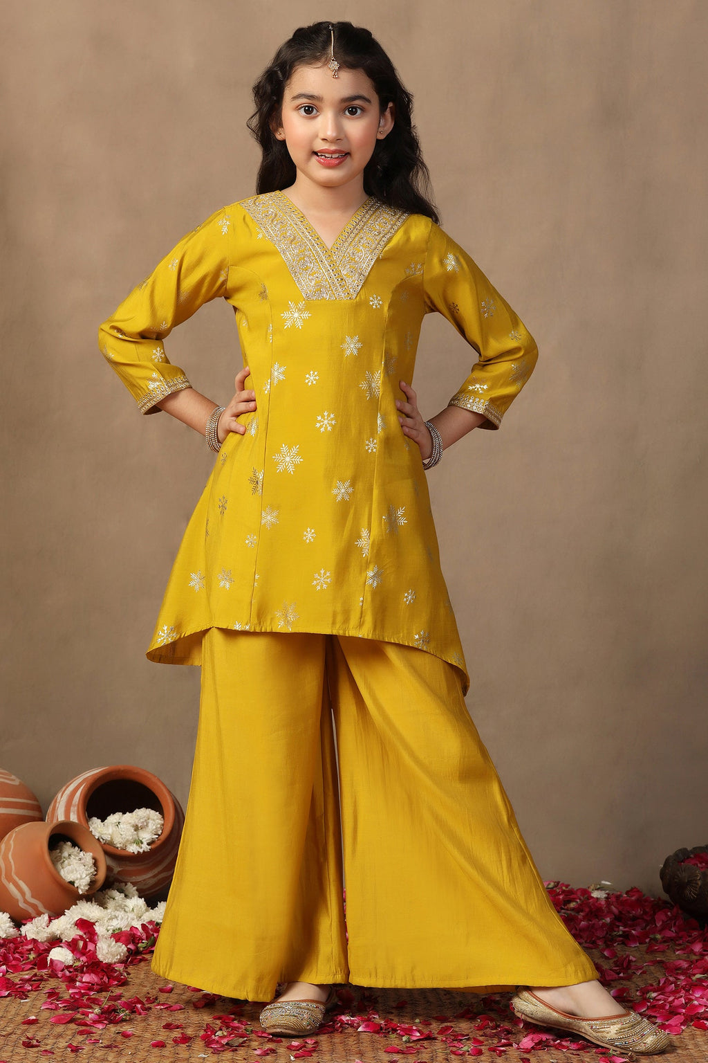 Girl's Yellow Roman Silk Foil Printed High Low Style Kurta and Palazzo Set