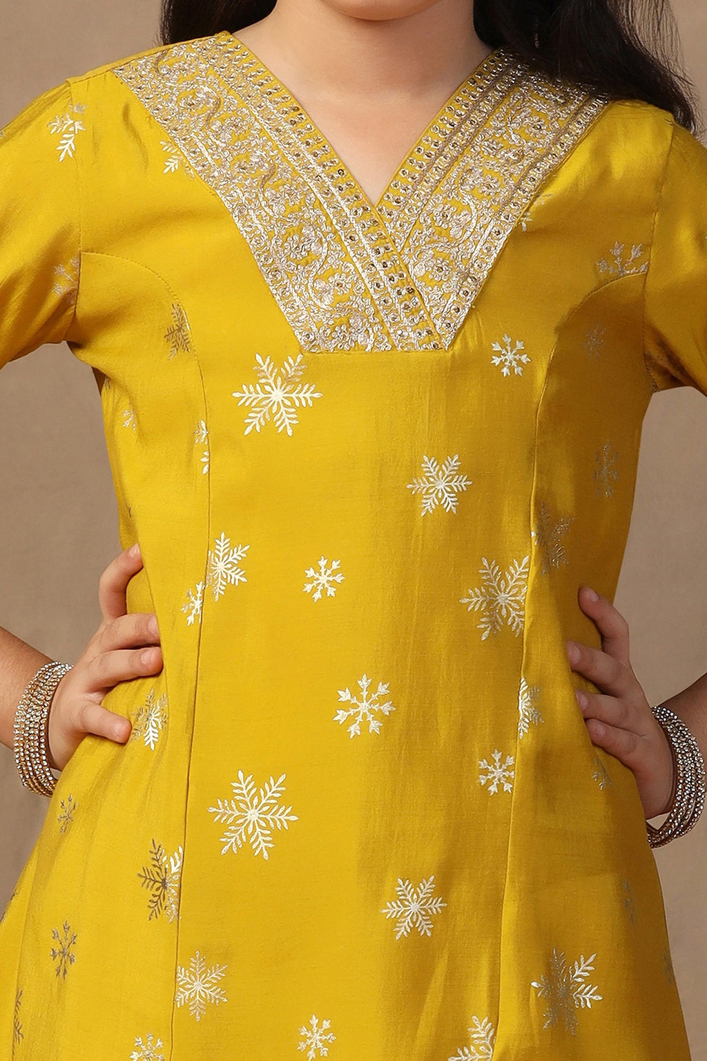 Girl's Yellow Roman Silk Foil Printed High Low Style Kurta and Palazzo Set