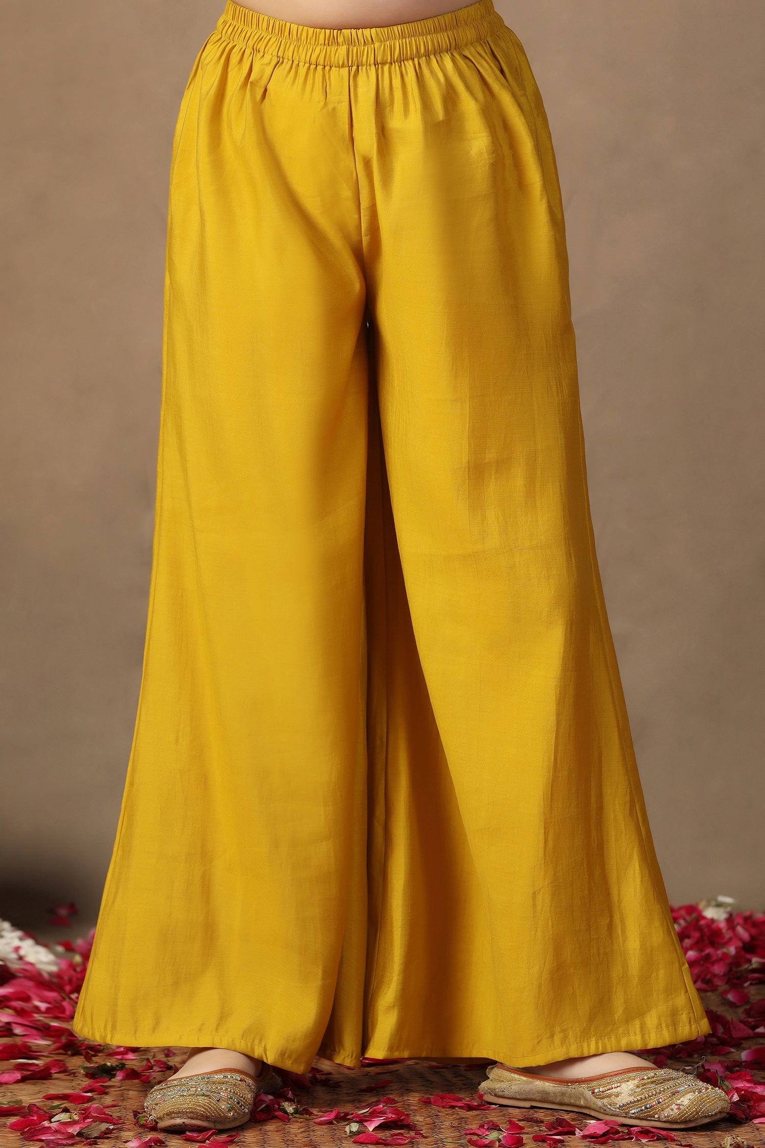 Girl's Yellow Roman Silk Foil Printed High Low Style Kurta and Palazzo Set