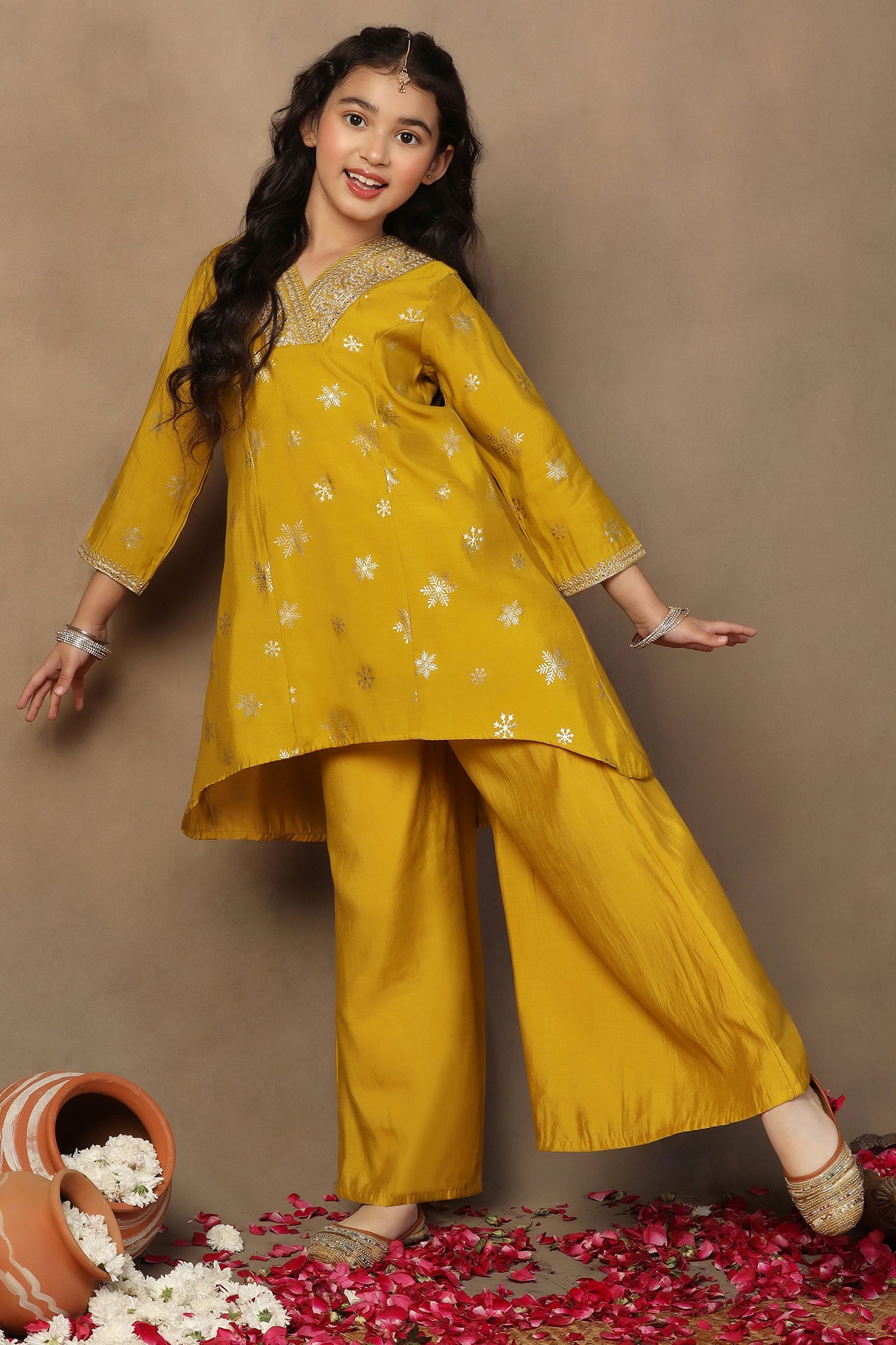 Girl's Yellow Roman Silk Foil Printed High Low Style Kurta and Palazzo Set