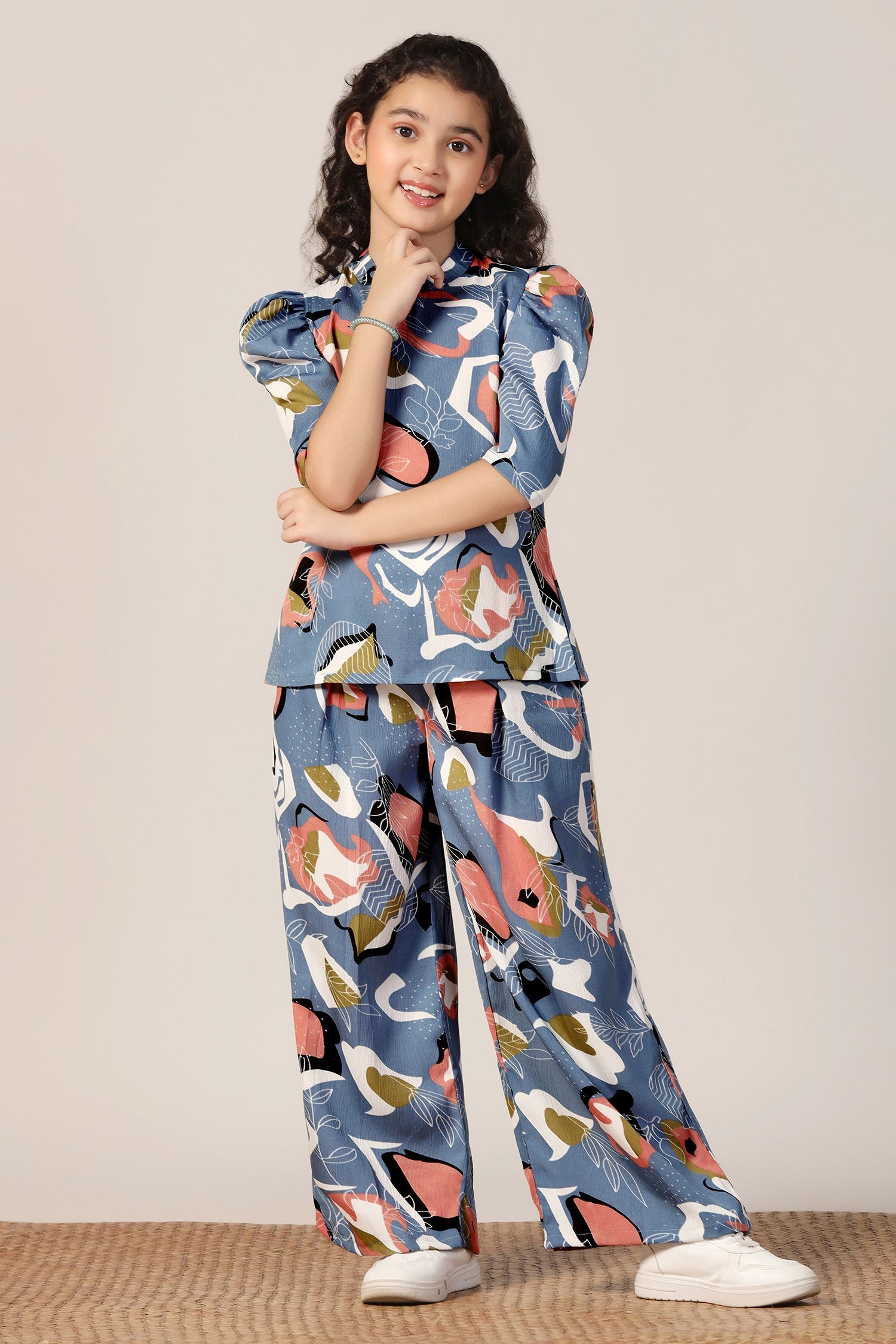 Girls's Grey Rayon Abstrect Printed Top and Pant Set