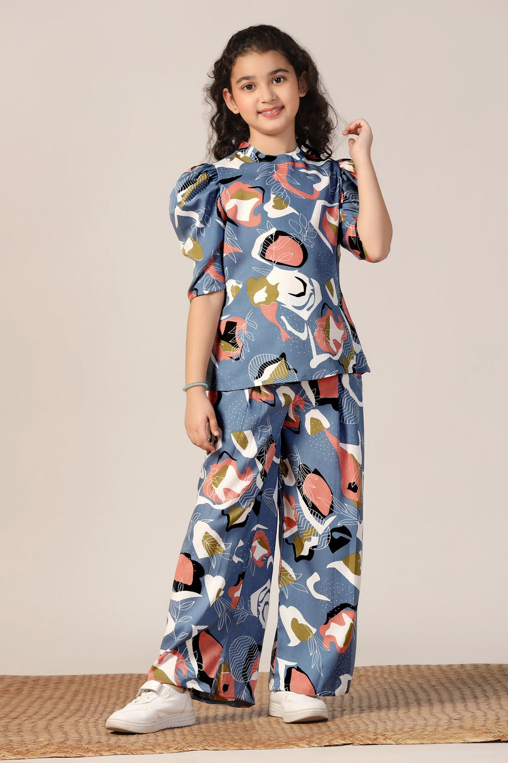 Girls's Grey Rayon Abstrect Printed Top and Pant Set