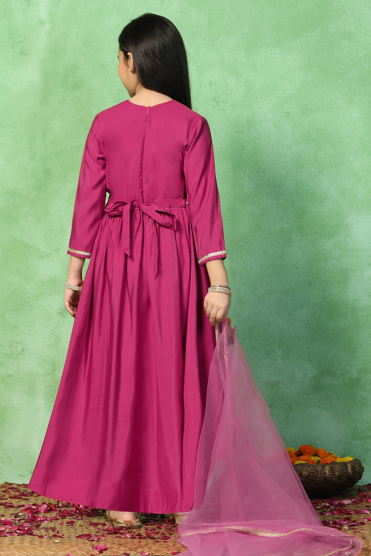 Girl's Pink Chanderi Silk Embroidered Maxi Dress with Dupatta