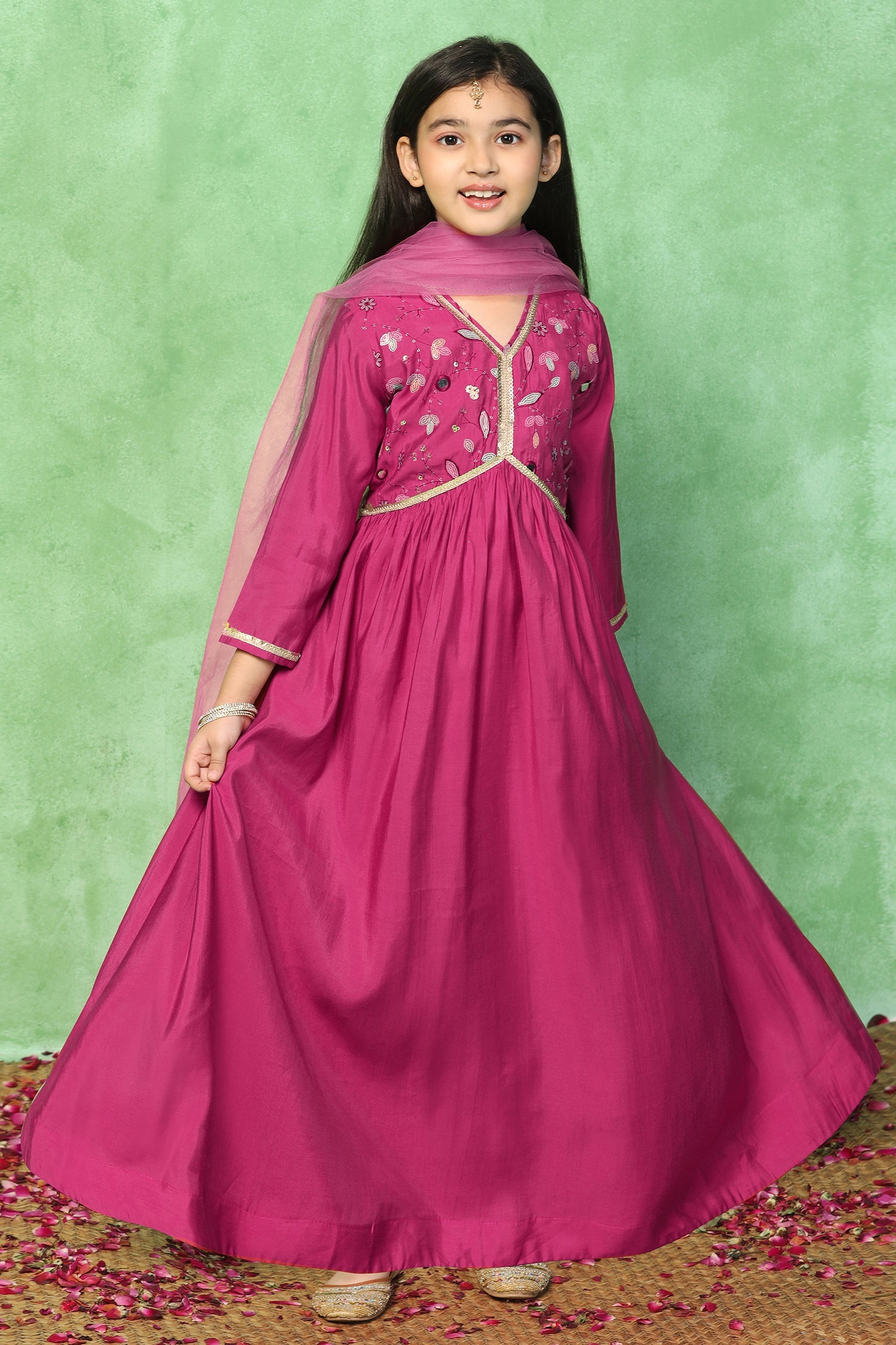 Girl's Pink Chanderi Silk Embroidered Maxi Dress with Dupatta