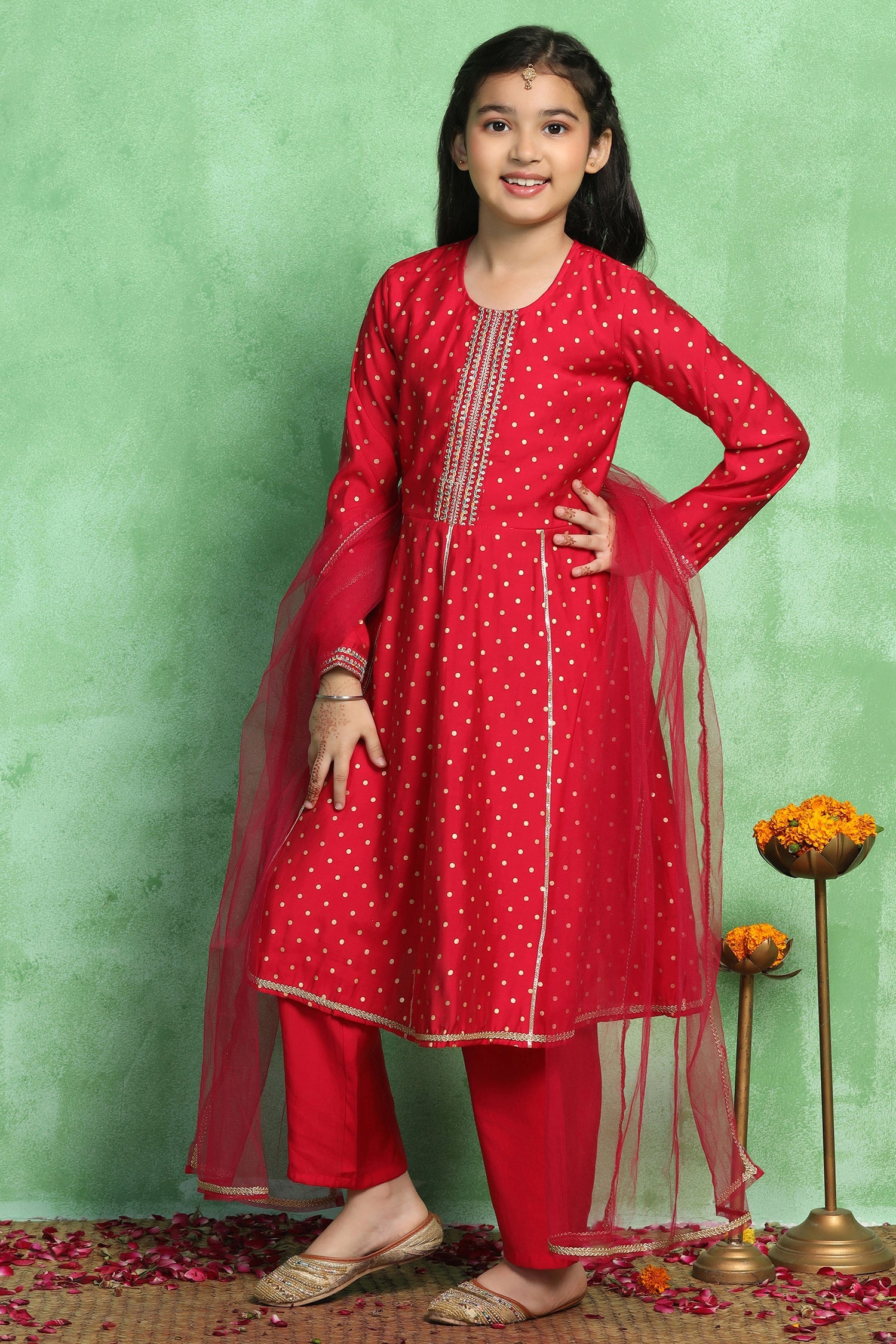 Girl's Rani Roman Silk Foil Printed Kurta and Palazzo Set