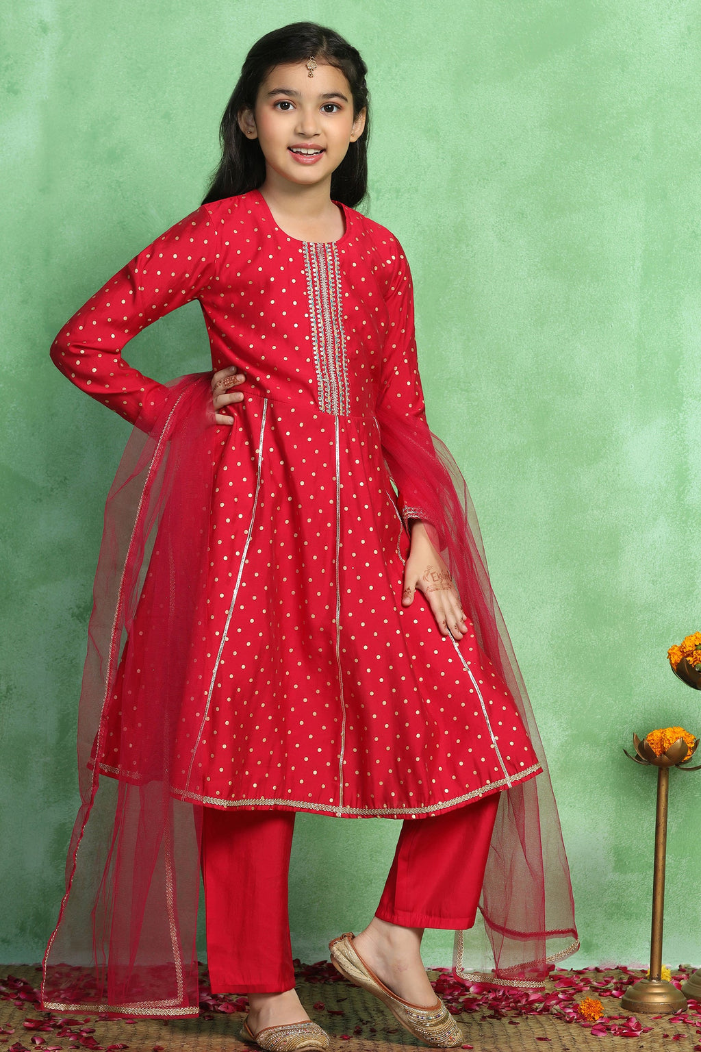 Girl's Rani Roman Silk Foil Printed Kurta and Palazzo Set