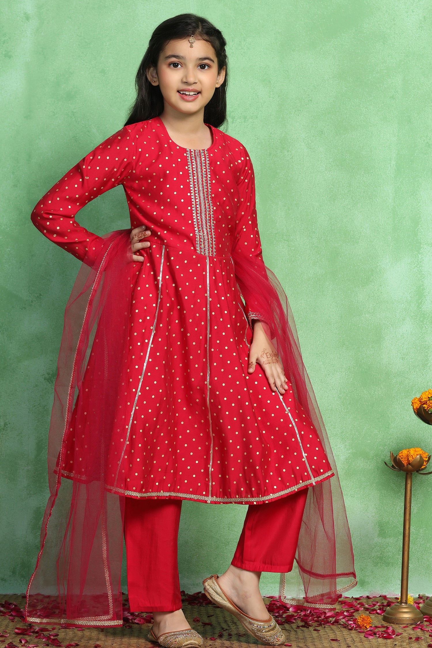 Girl's Rani Roman Silk Foil Printed Kurta and Palazzo Set