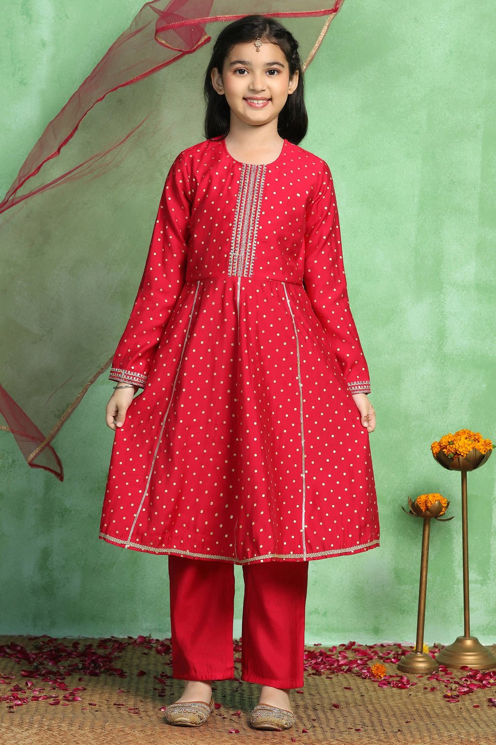 Girl's Rani Roman Silk Foil Printed Kurta and Palazzo Set