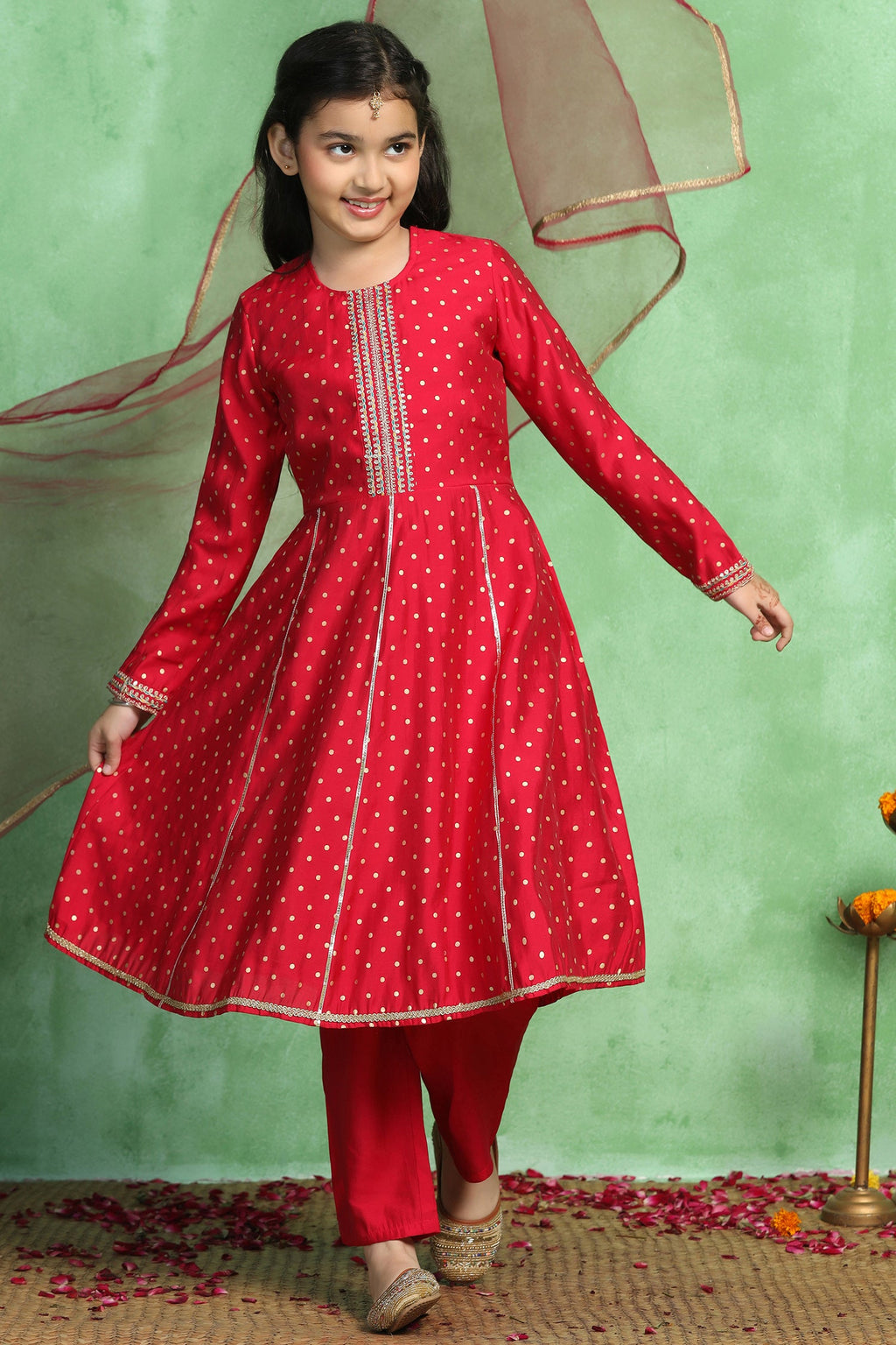 Girl's Rani Roman Silk Foil Printed Kurta and Palazzo Set