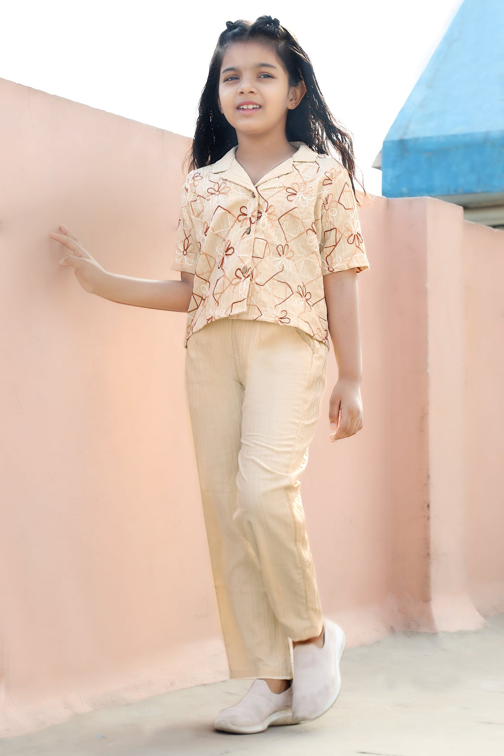 Girls's Chikoo Cotton Blend Embroidered Top and Pant Set