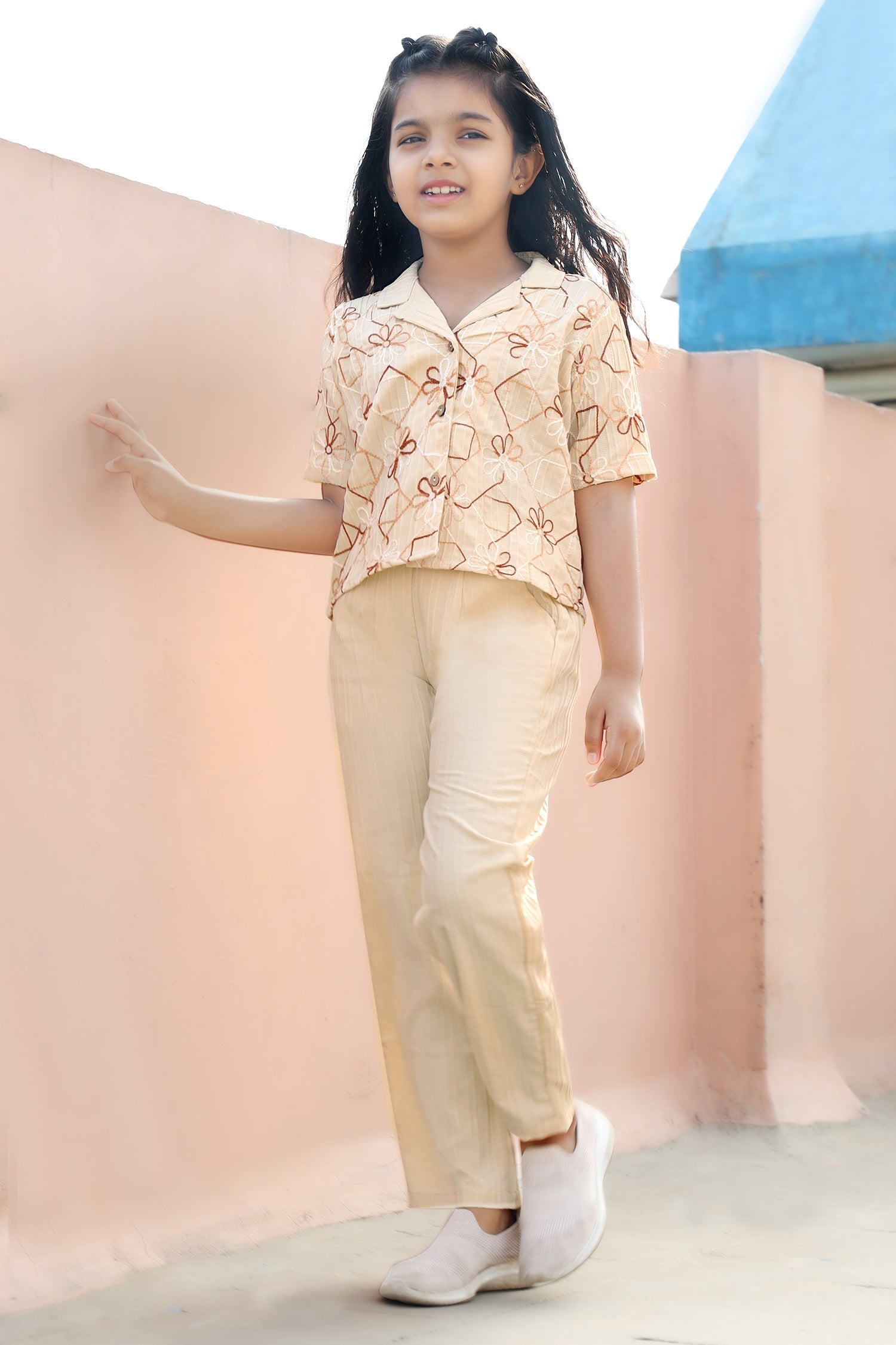 Girls's Chikoo Cotton Blend Embroidered Top and Pant Set