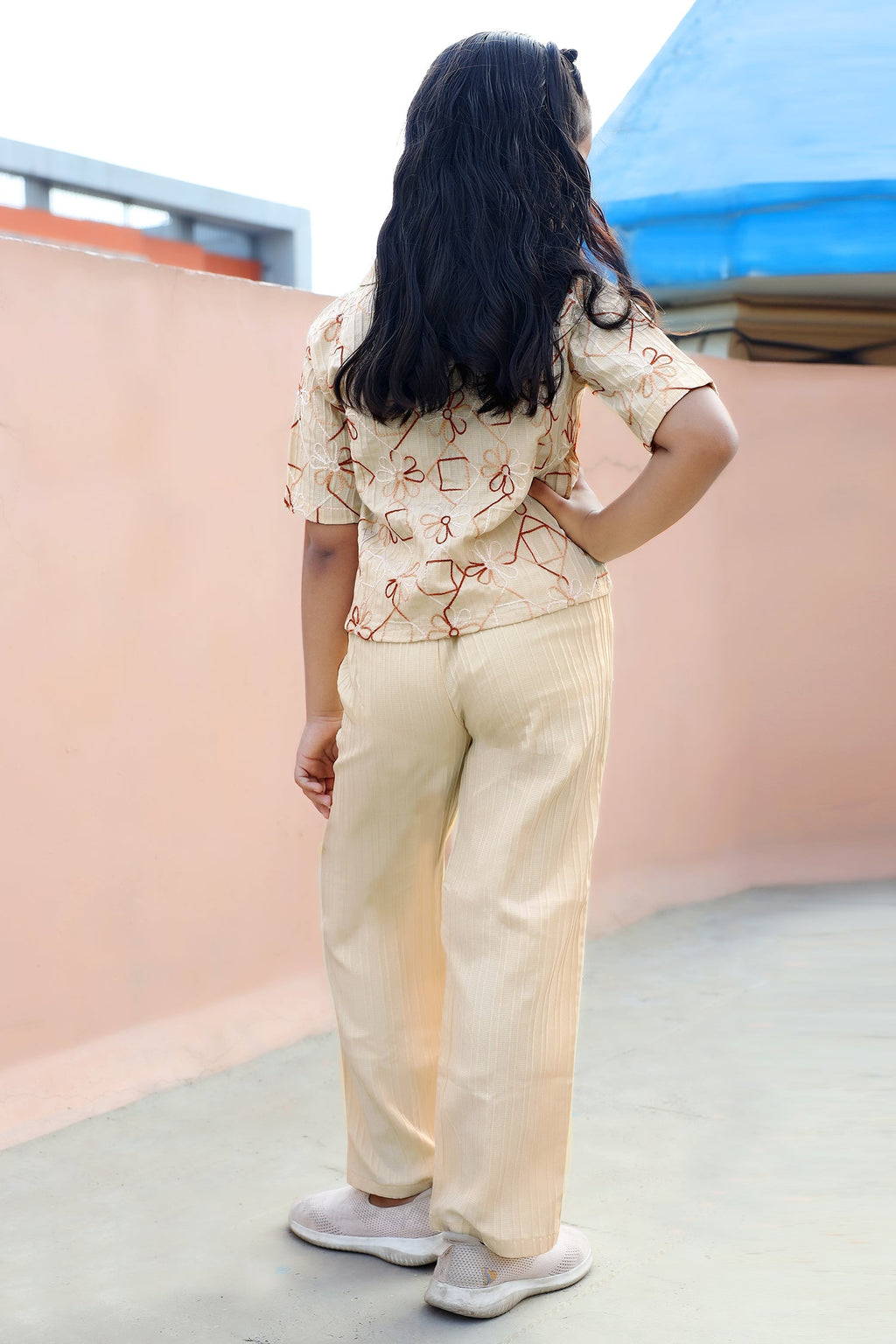 Girls's Chikoo Cotton Blend Embroidered Top and Pant Set