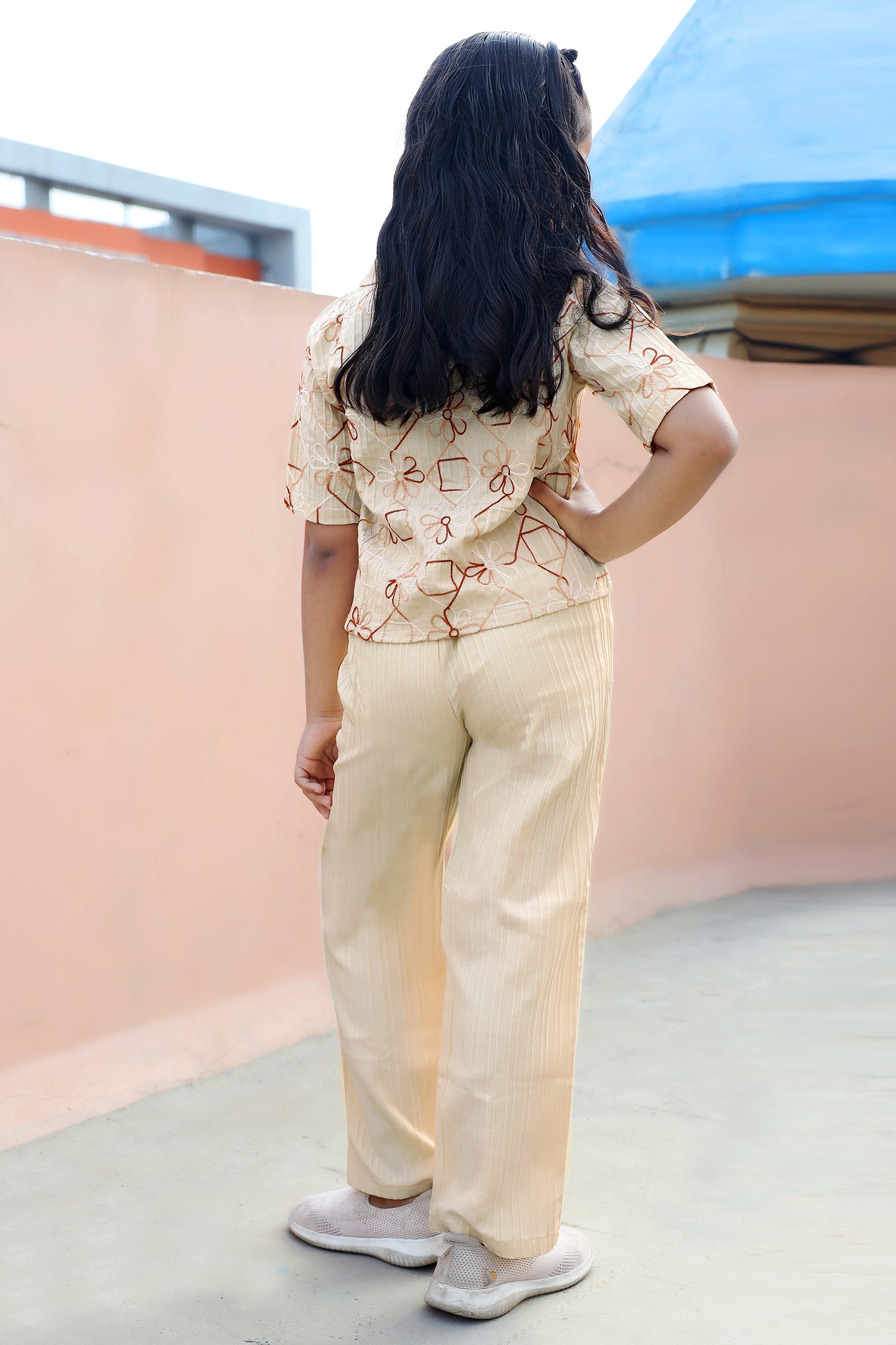 Girls's Chikoo Cotton Blend Embroidered Top and Pant Set