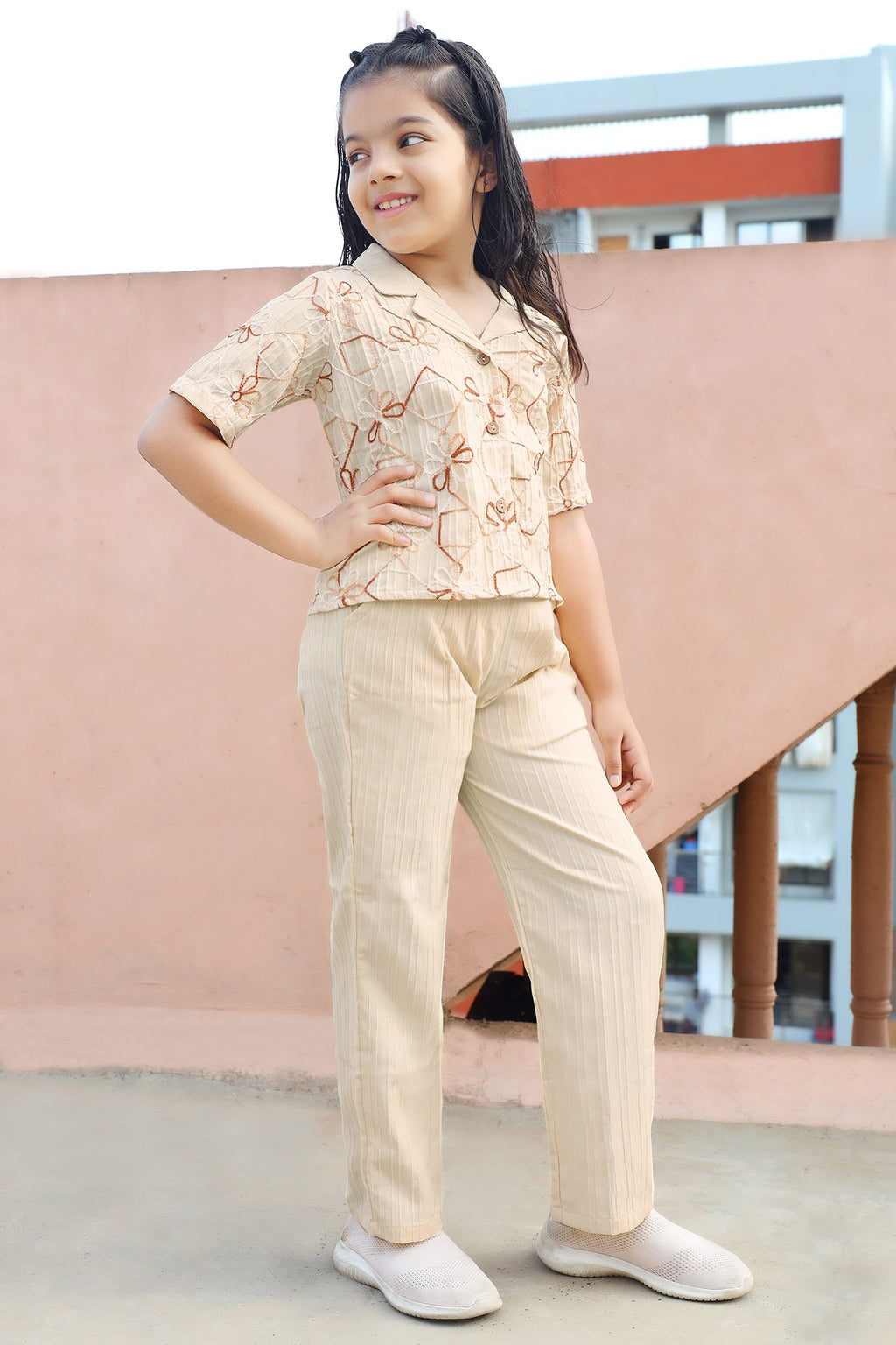 Girls's Chikoo Cotton Blend Embroidered Top and Pant Set