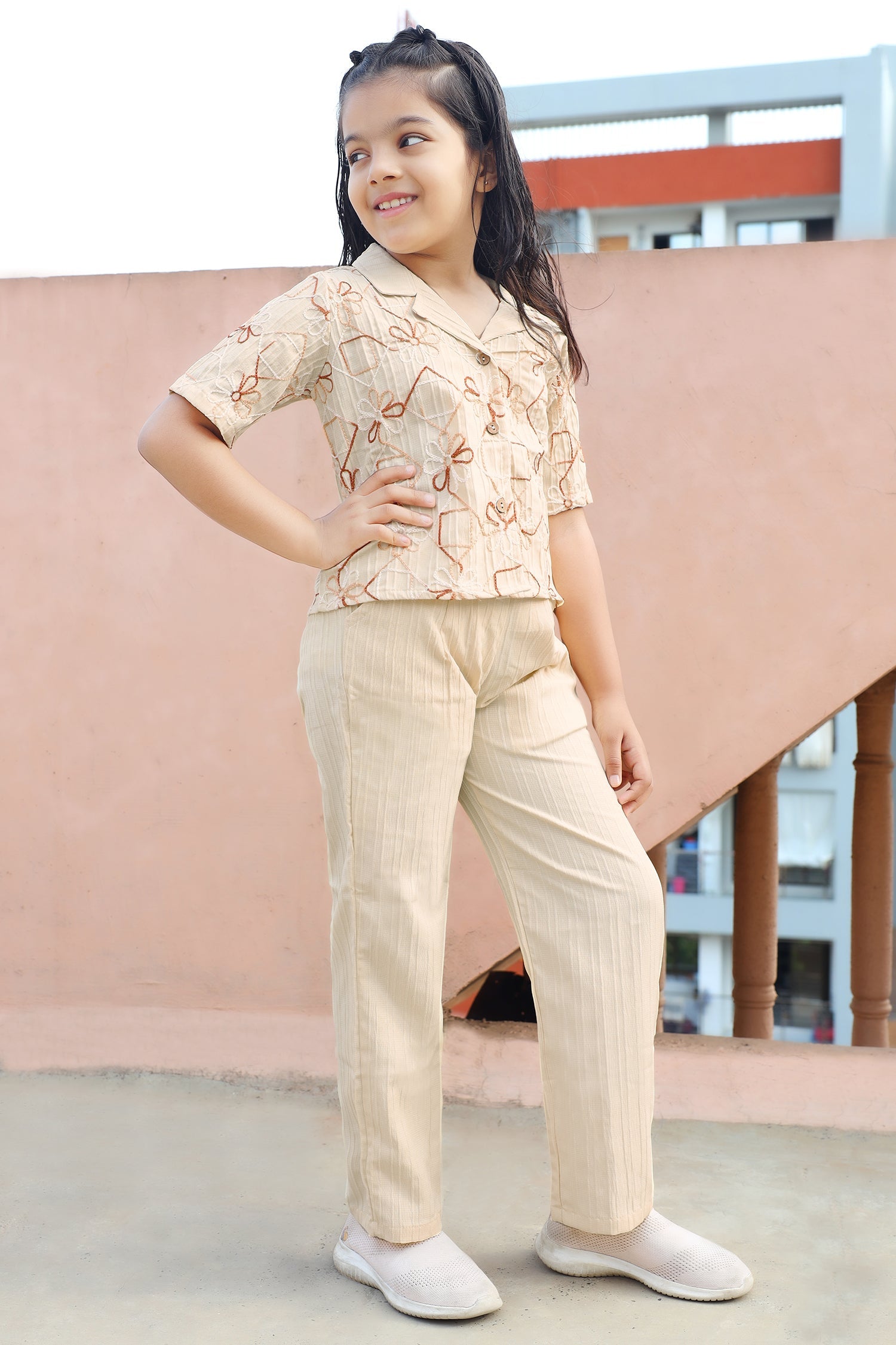 Girls's Chikoo Cotton Blend Embroidered Top and Pant Set