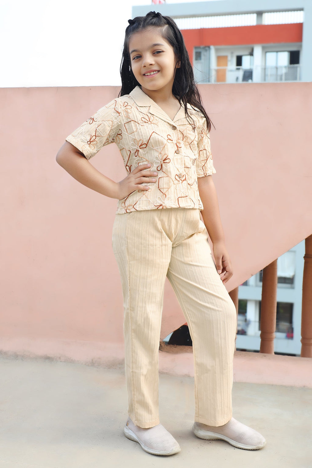 Girls's Chikoo Cotton Blend Embroidered Top and Pant Set