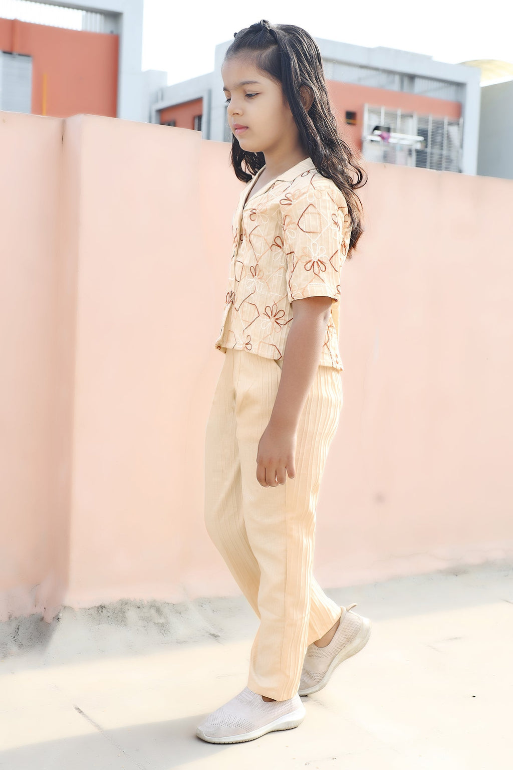 Girls's Chikoo Cotton Blend Embroidered Top and Pant Set