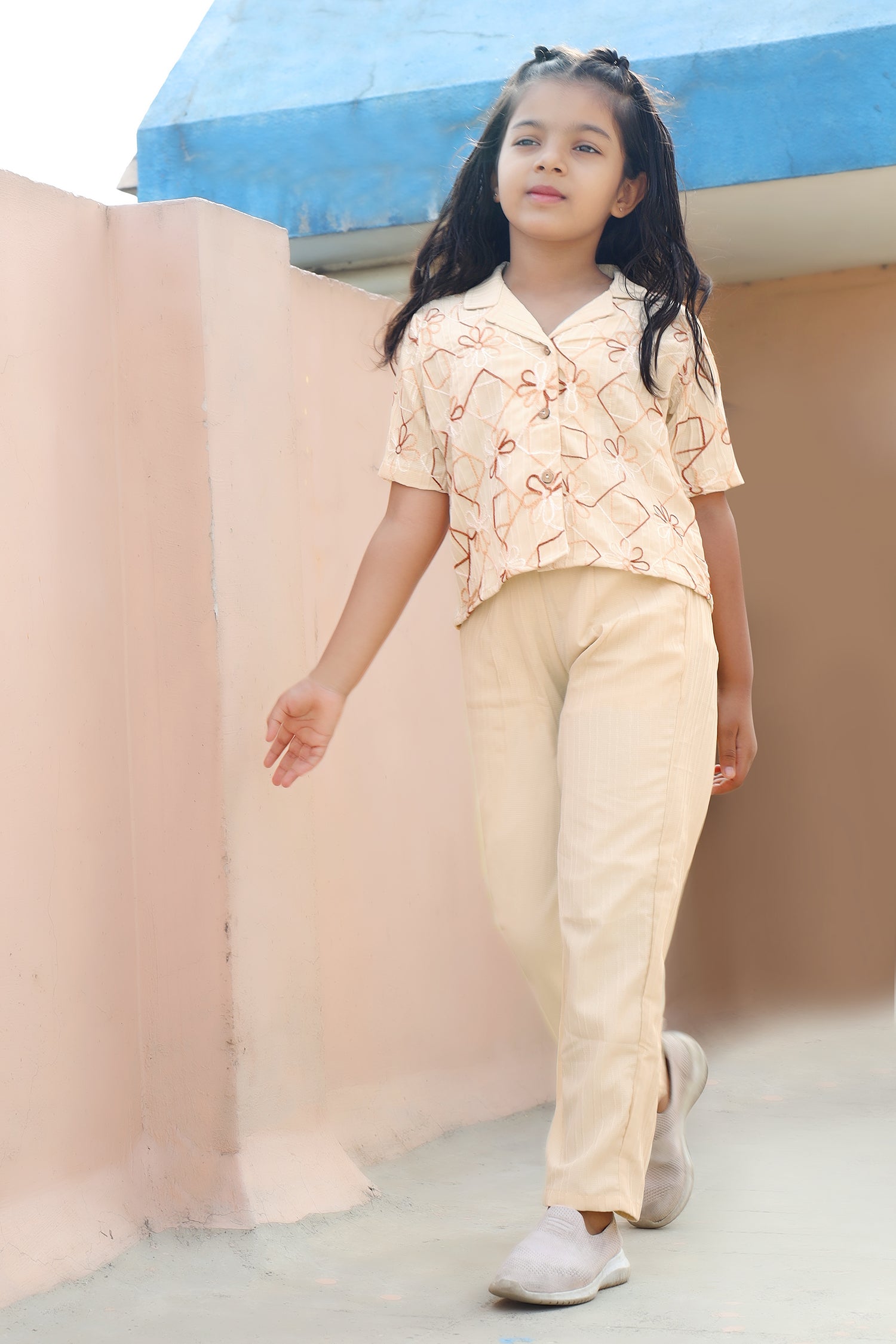 Girls's Chikoo Cotton Blend Embroidered Top and Pant Set