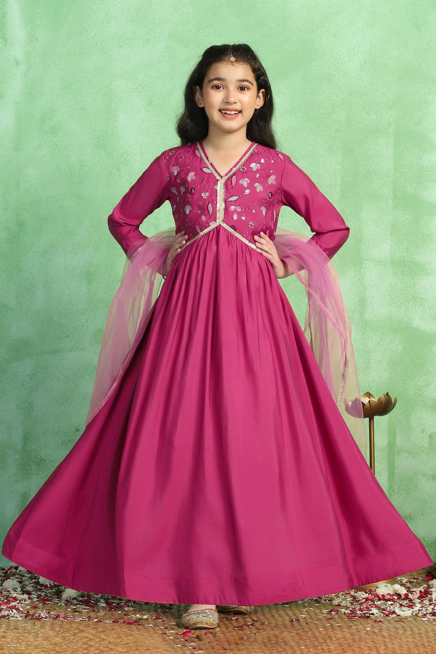 Girl's Pink Chanderi Silk Embroidered Maxi Dress with Dupatta