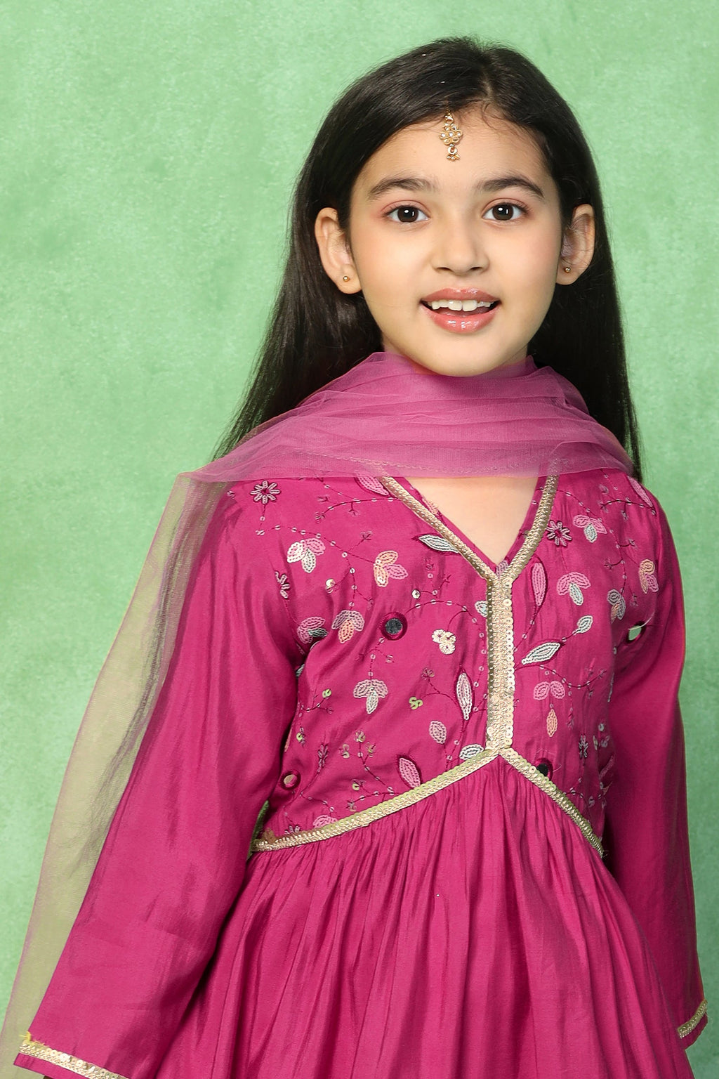 Girl's Pink Chanderi Silk Embroidered Maxi Dress with Dupatta