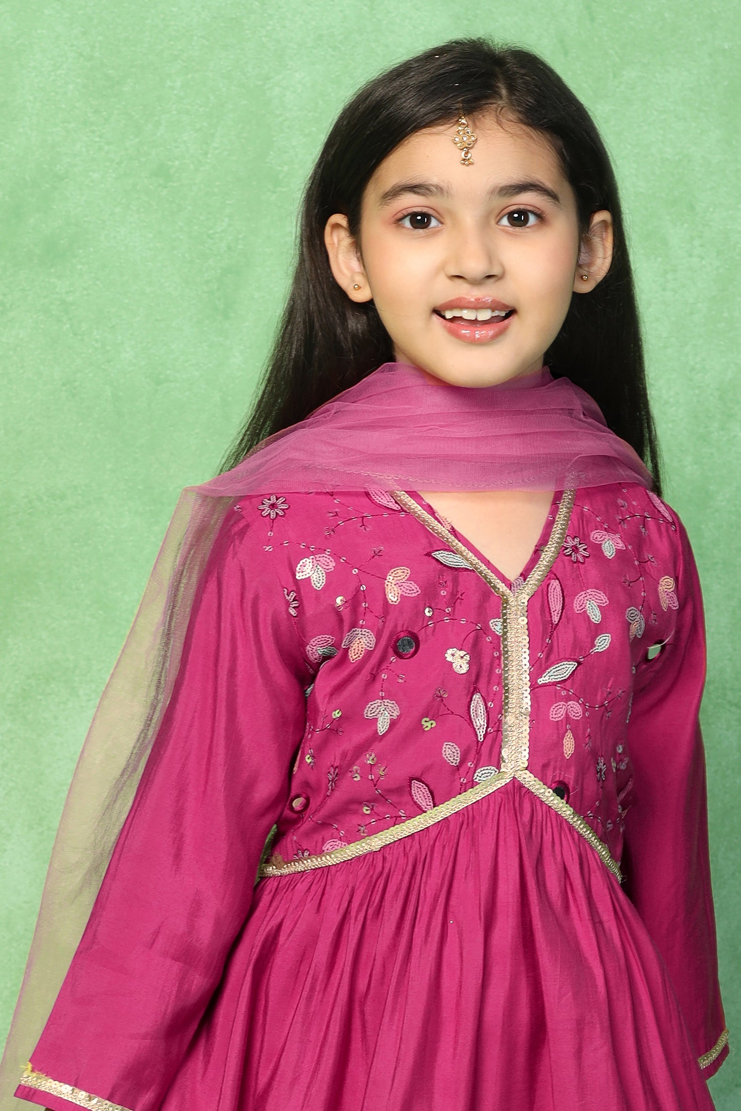 Girl's Pink Chanderi Silk Embroidered Maxi Dress with Dupatta