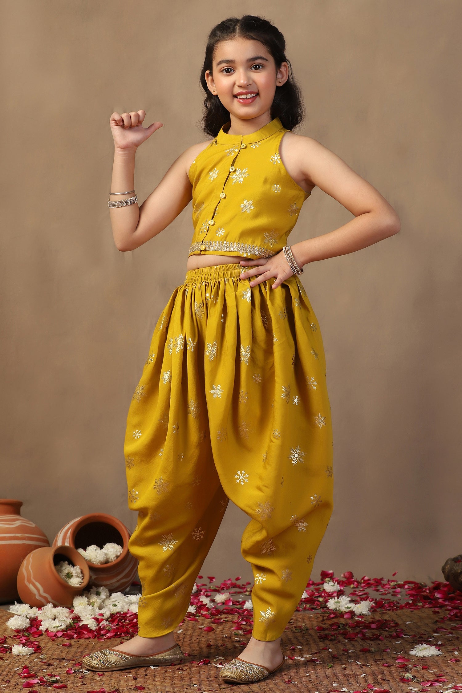 Girl's Yellow Roman Silk Foil Printed Crop Top and Dhoti Set