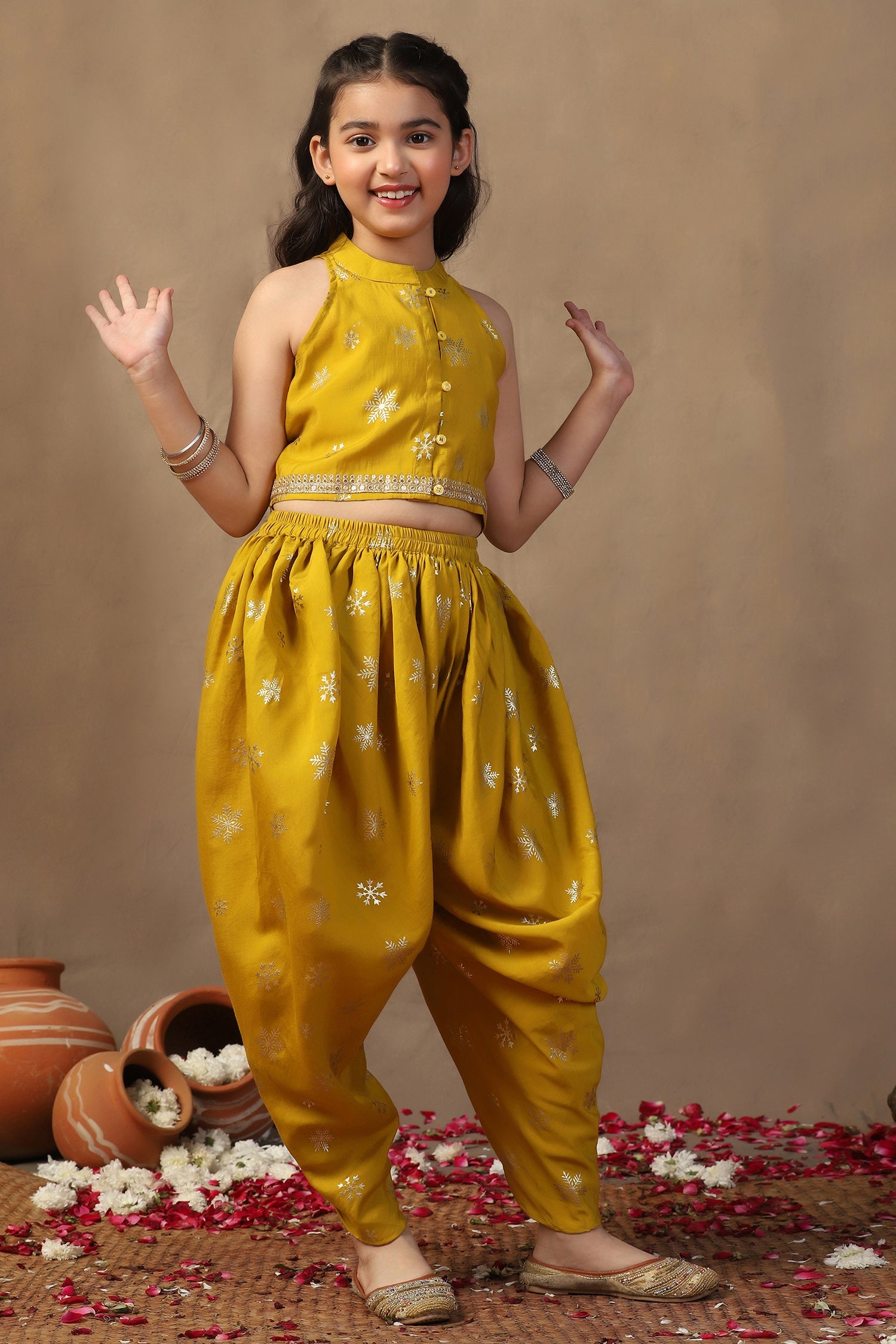 Girl's Yellow Roman Silk Foil Printed Crop Top and Dhoti Set