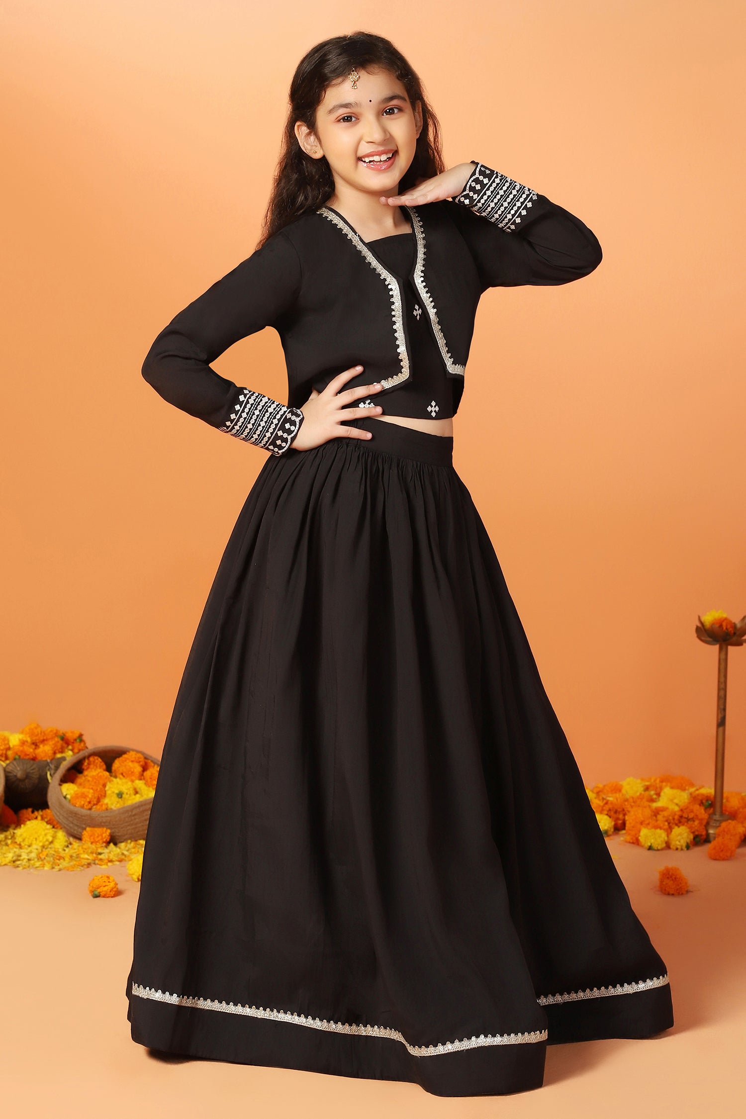 Girls's Black Roman Silk Embroidered Lehenga Choli and Jecket Set