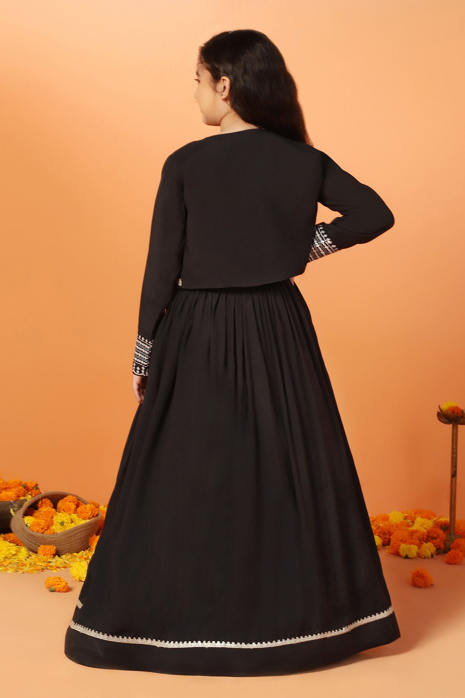 Girls's Black Roman Silk Embroidered Lehenga Choli and Jecket Set