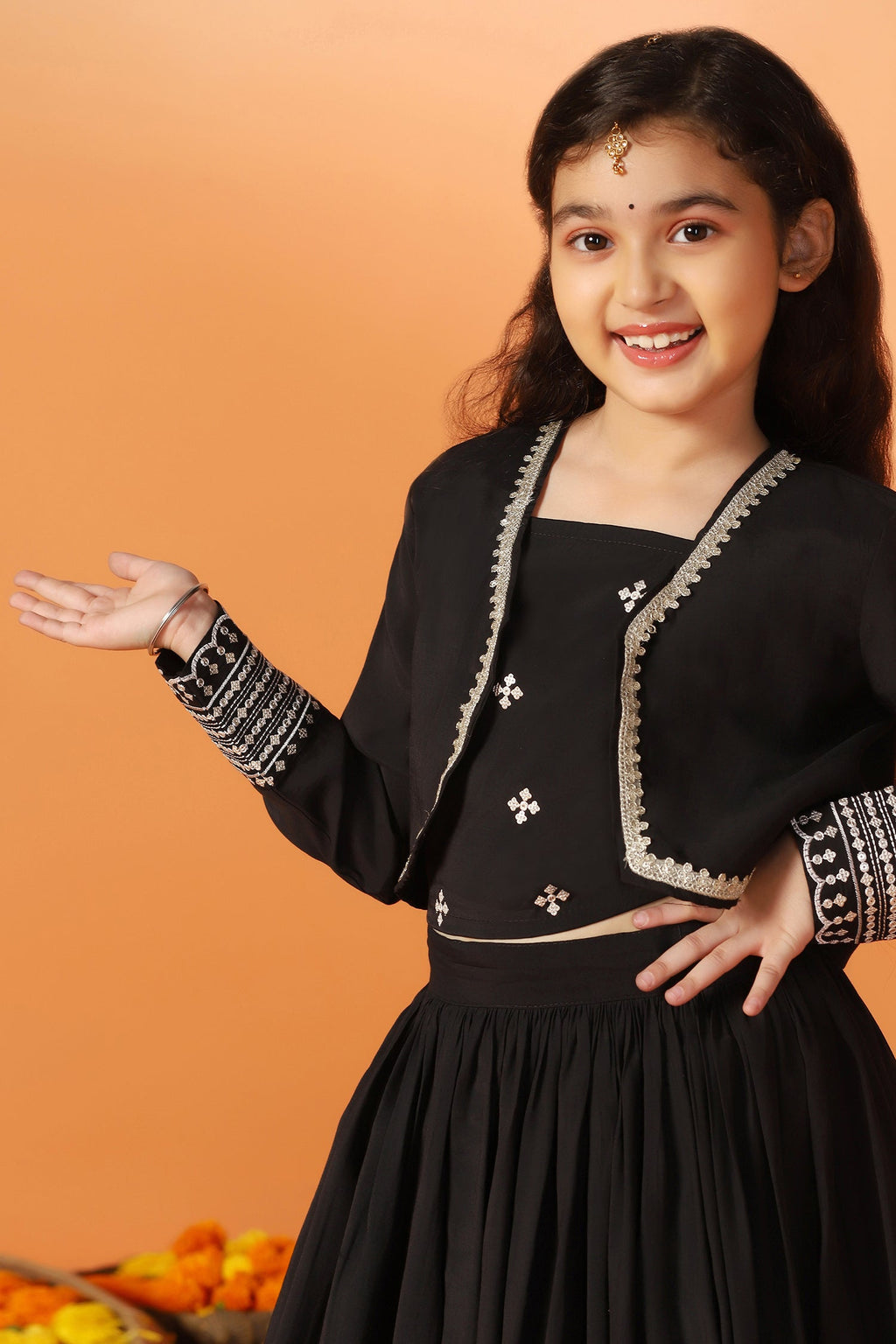 Girls's Black Roman Silk Embroidered Lehenga Choli and Jecket Set