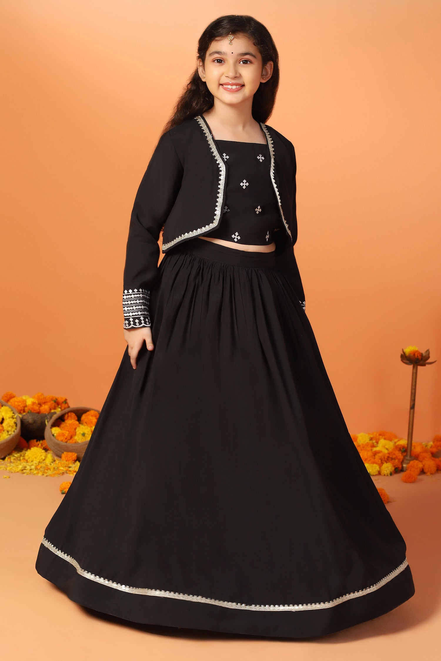 Girls's Black Roman Silk Embroidered Lehenga Choli and Jecket Set
