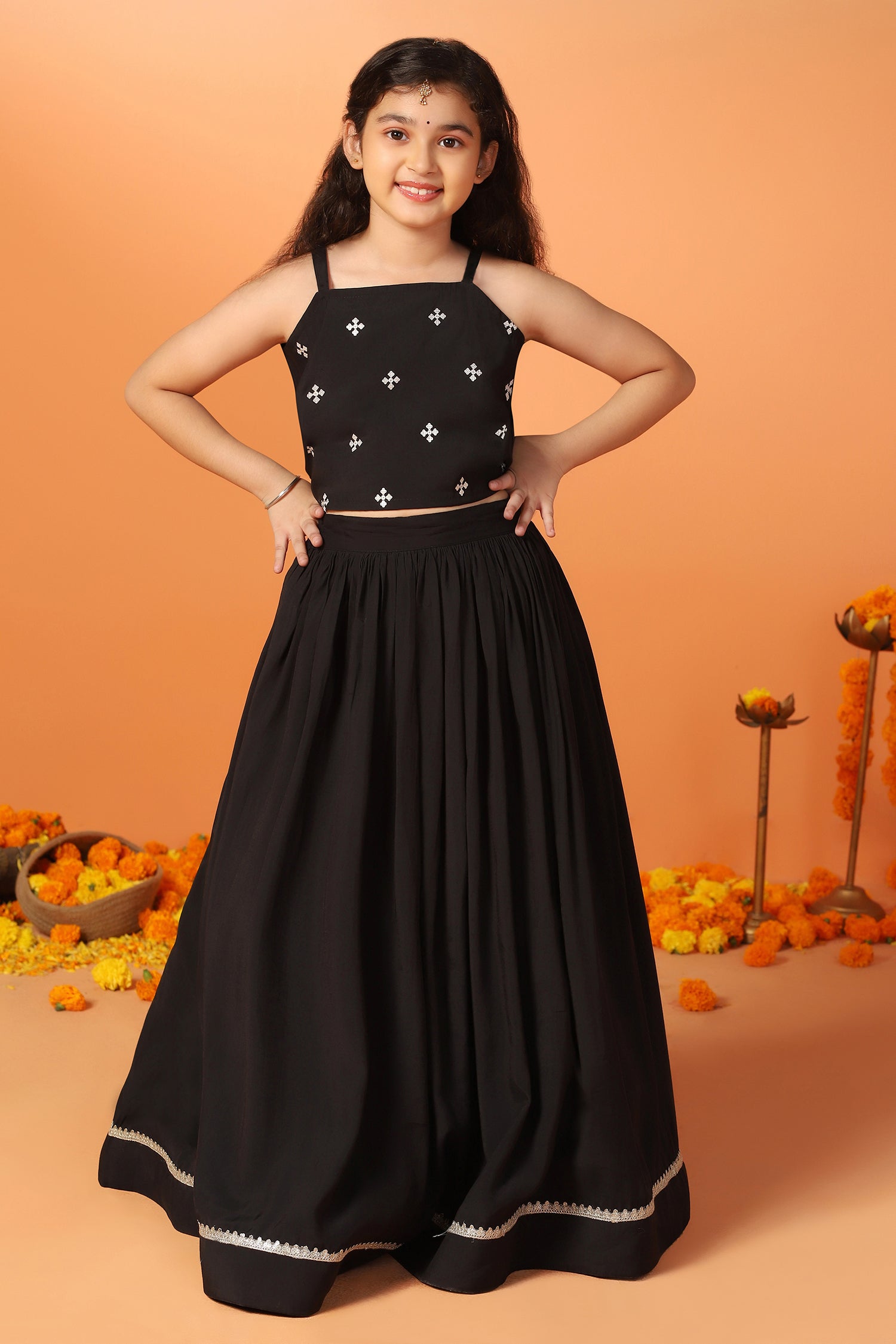 Girls's Black Roman Silk Embroidered Lehenga Choli and Jecket Set