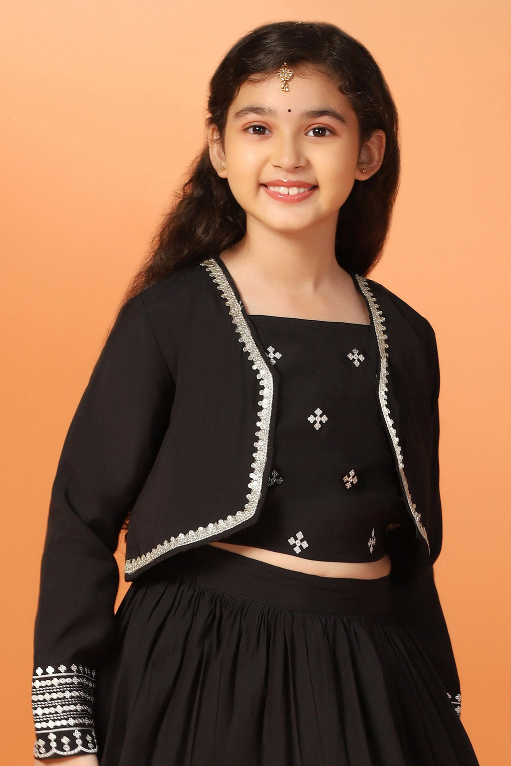 Girls's Black Roman Silk Embroidered Lehenga Choli and Jecket Set